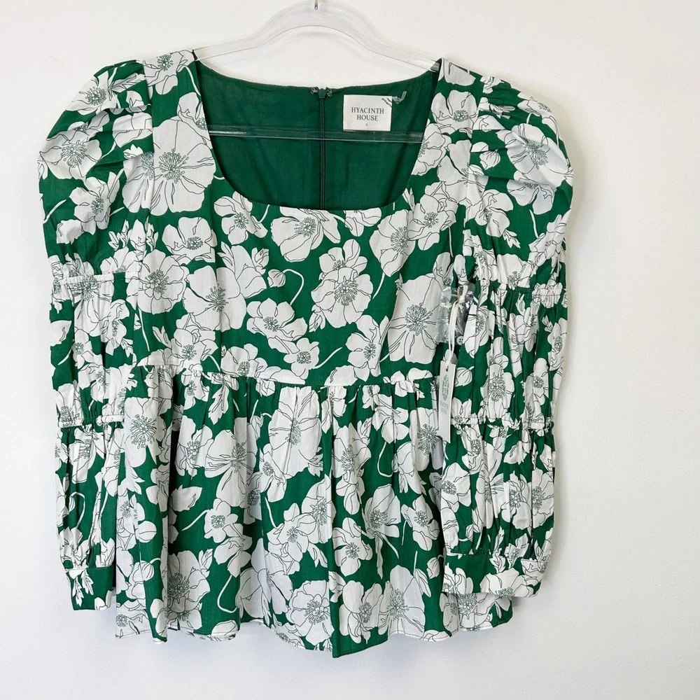 NEW Tuckernuck Hyacinth House Green Floral Puff Sleeve Top Women's Large Clemons
